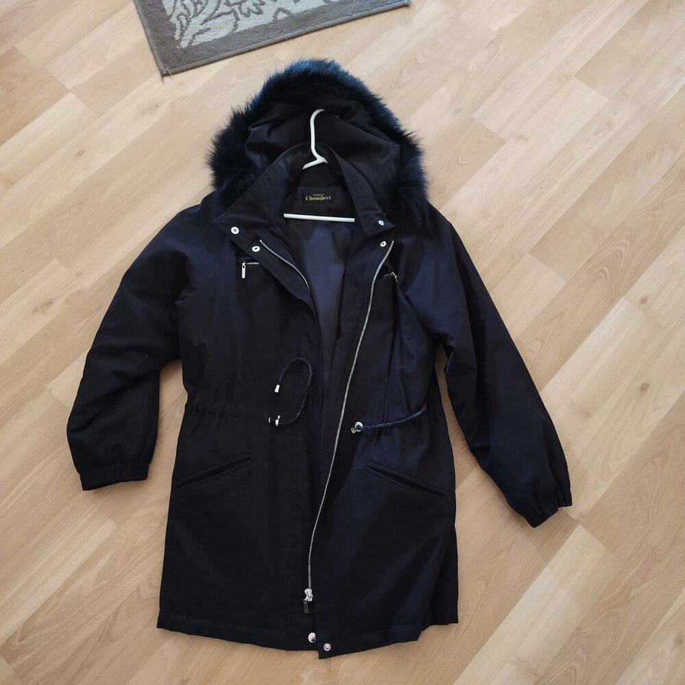 BLACK FUR TRIM MODÉLE CHOMBRET LINED BLACK PARKA WINTER JACKET WOMEN'S MEDIUM